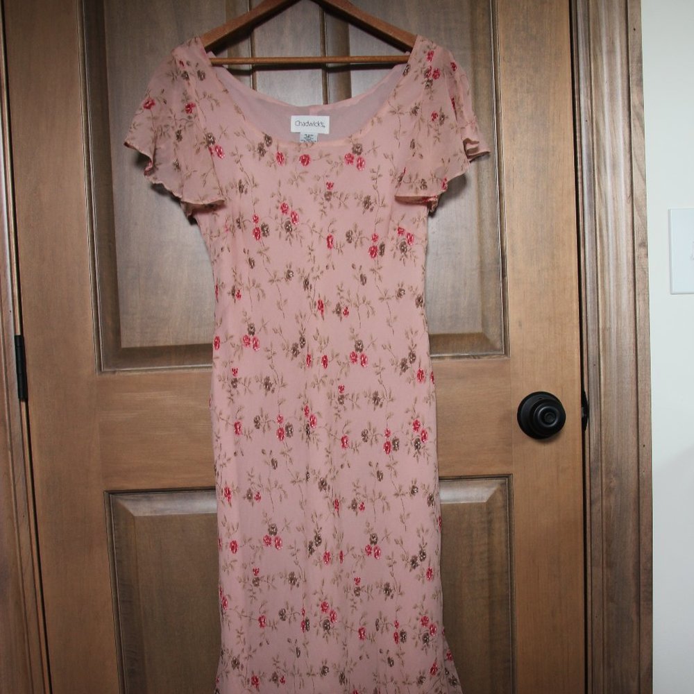 100% Silk Pink Floral Flutter Sleeve Scoop-neck Midi Dress